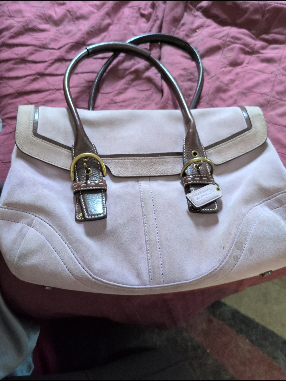 Coach Two-Tone Suede Shoulder Bag in Light Pink and Brown